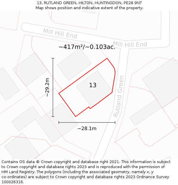 13, RUTLAND GREEN, HILTON, HUNTINGDON, PE28 9NT: Plot and title map