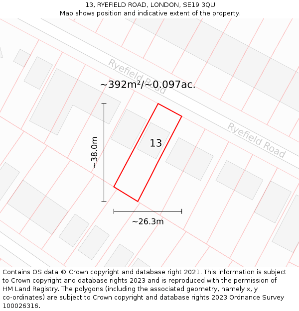 13, RYEFIELD ROAD, LONDON, SE19 3QU: Plot and title map