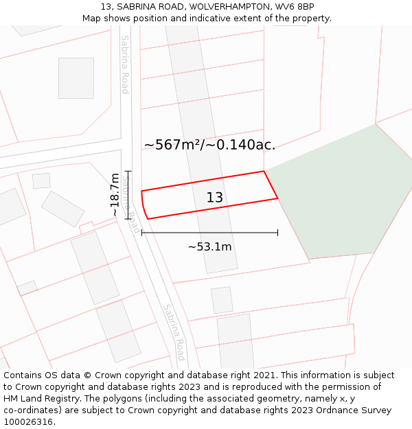 13, SABRINA ROAD, WOLVERHAMPTON, WV6 8BP: Plot and title map