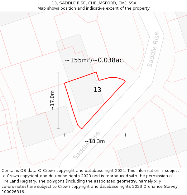 13, SADDLE RISE, CHELMSFORD, CM1 6SX: Plot and title map