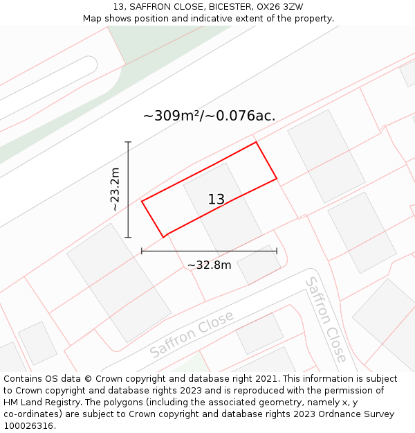 13, SAFFRON CLOSE, BICESTER, OX26 3ZW: Plot and title map