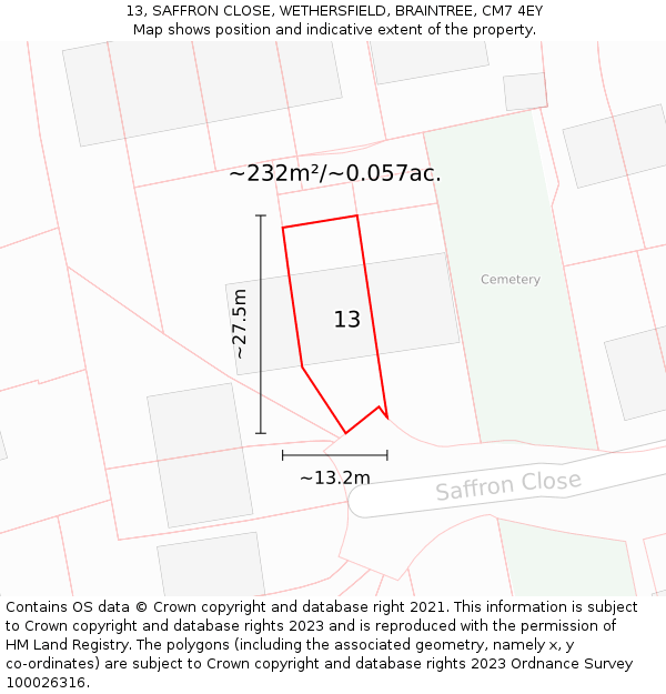 13, SAFFRON CLOSE, WETHERSFIELD, BRAINTREE, CM7 4EY: Plot and title map