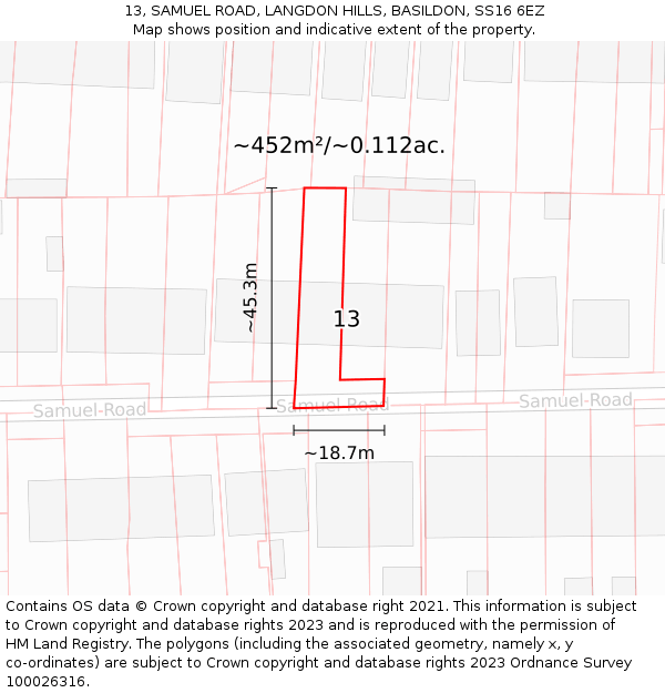 13, SAMUEL ROAD, LANGDON HILLS, BASILDON, SS16 6EZ: Plot and title map