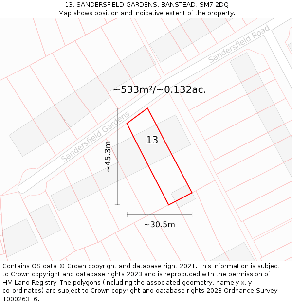 13, SANDERSFIELD GARDENS, BANSTEAD, SM7 2DQ: Plot and title map