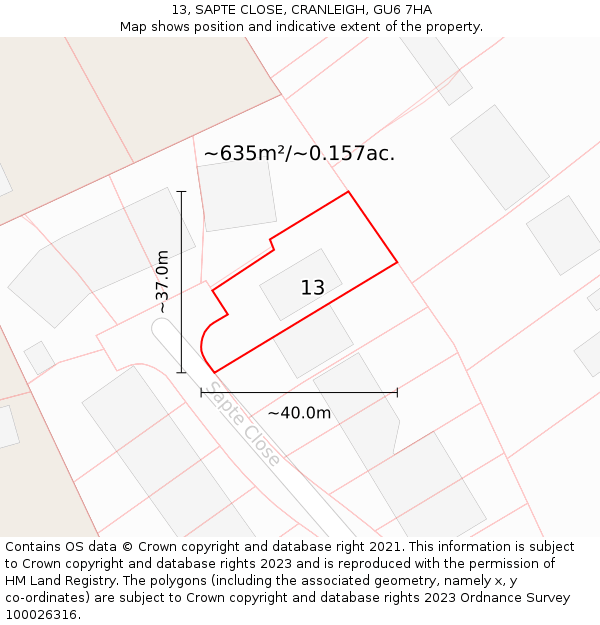 13, SAPTE CLOSE, CRANLEIGH, GU6 7HA: Plot and title map