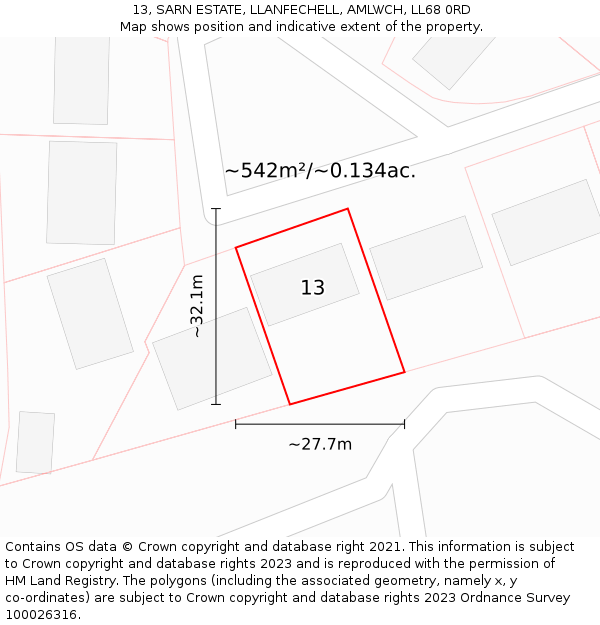 13, SARN ESTATE, LLANFECHELL, AMLWCH, LL68 0RD: Plot and title map