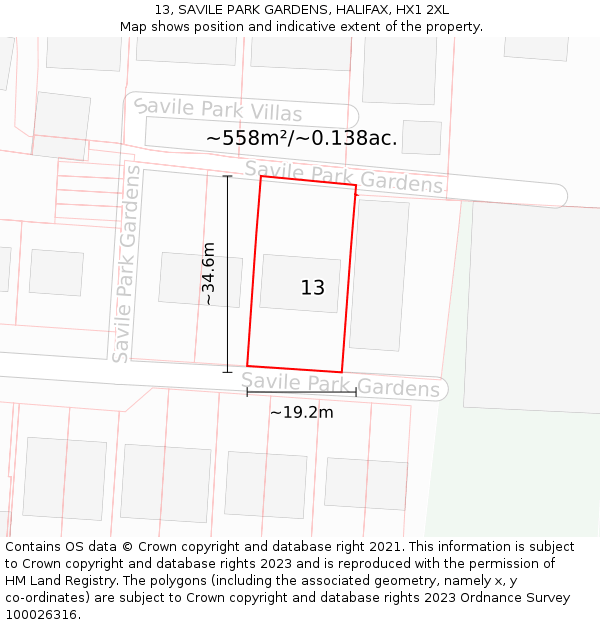 13, SAVILE PARK GARDENS, HALIFAX, HX1 2XL: Plot and title map