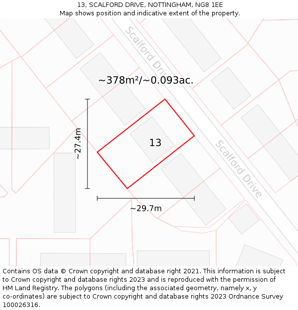 13, SCALFORD DRIVE, NOTTINGHAM, NG8 1EE: Plot and title map