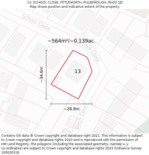 13, SCHOOL CLOSE, FITTLEWORTH, PULBOROUGH, RH20 1JD: Plot and title map