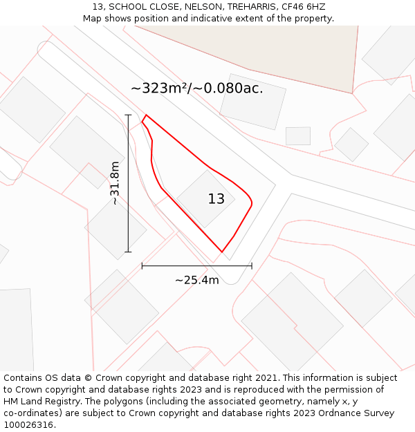 13, SCHOOL CLOSE, NELSON, TREHARRIS, CF46 6HZ: Plot and title map