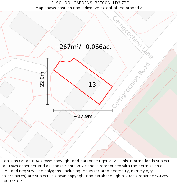 13, SCHOOL GARDENS, BRECON, LD3 7PG: Plot and title map