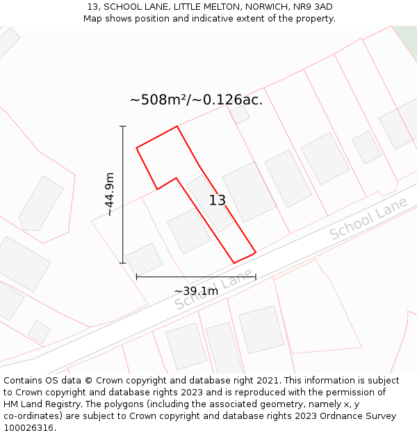 13, SCHOOL LANE, LITTLE MELTON, NORWICH, NR9 3AD: Plot and title map
