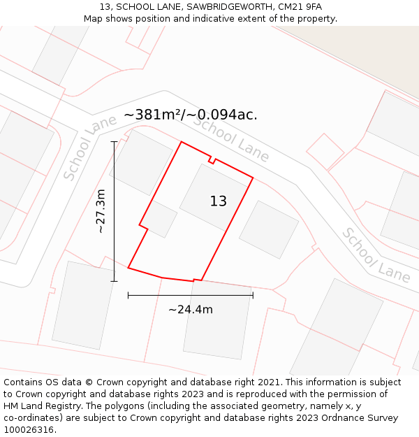 13, SCHOOL LANE, SAWBRIDGEWORTH, CM21 9FA: Plot and title map