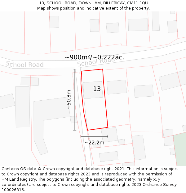 13, SCHOOL ROAD, DOWNHAM, BILLERICAY, CM11 1QU: Plot and title map