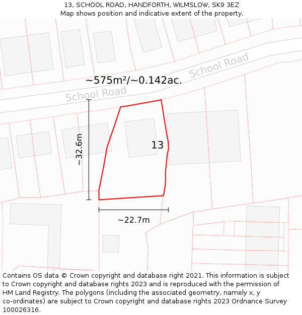 13, SCHOOL ROAD, HANDFORTH, WILMSLOW, SK9 3EZ: Plot and title map