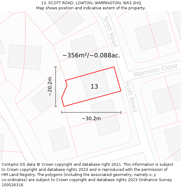 13, SCOTT ROAD, LOWTON, WARRINGTON, WA3 2HQ: Plot and title map