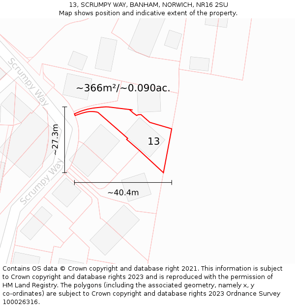 13, SCRUMPY WAY, BANHAM, NORWICH, NR16 2SU: Plot and title map