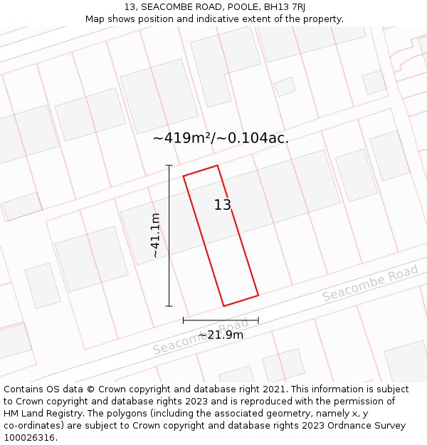 13, SEACOMBE ROAD, POOLE, BH13 7RJ: Plot and title map