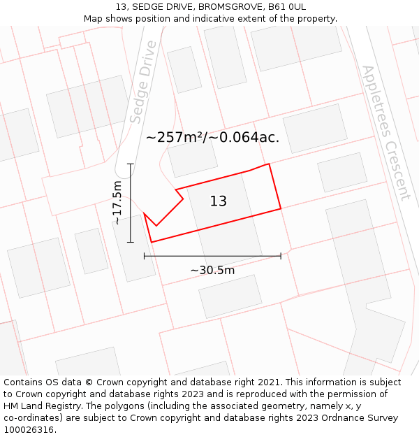 13, SEDGE DRIVE, BROMSGROVE, B61 0UL: Plot and title map