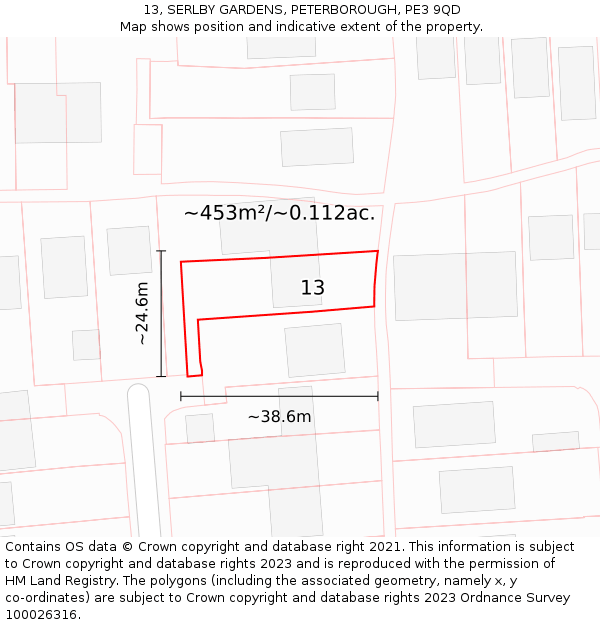 13, SERLBY GARDENS, PETERBOROUGH, PE3 9QD: Plot and title map