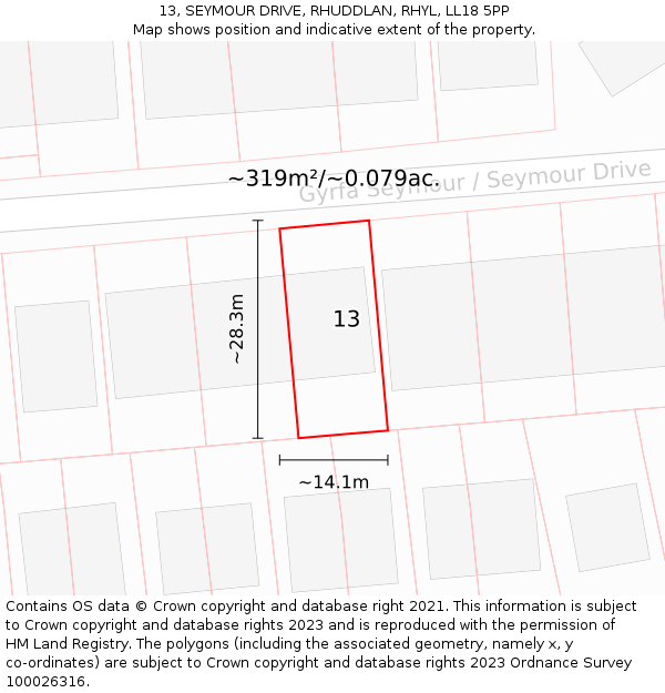 13, SEYMOUR DRIVE, RHUDDLAN, RHYL, LL18 5PP: Plot and title map