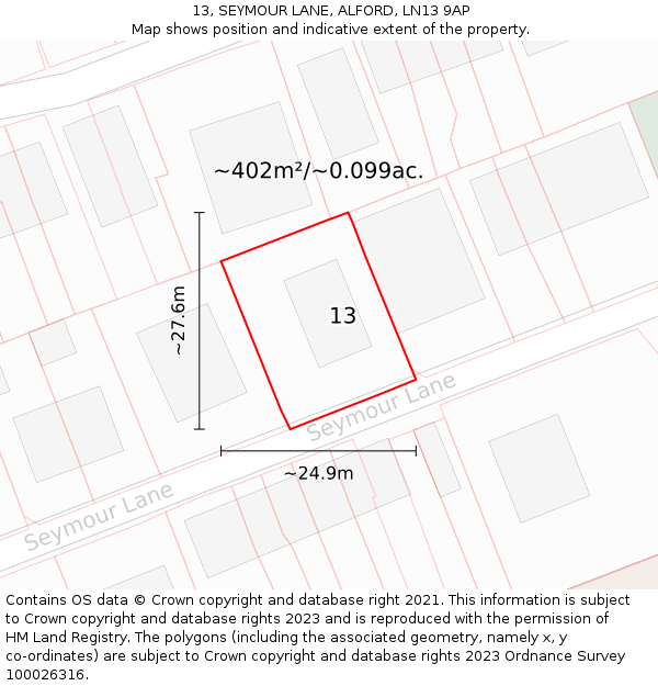 13, SEYMOUR LANE, ALFORD, LN13 9AP: Plot and title map