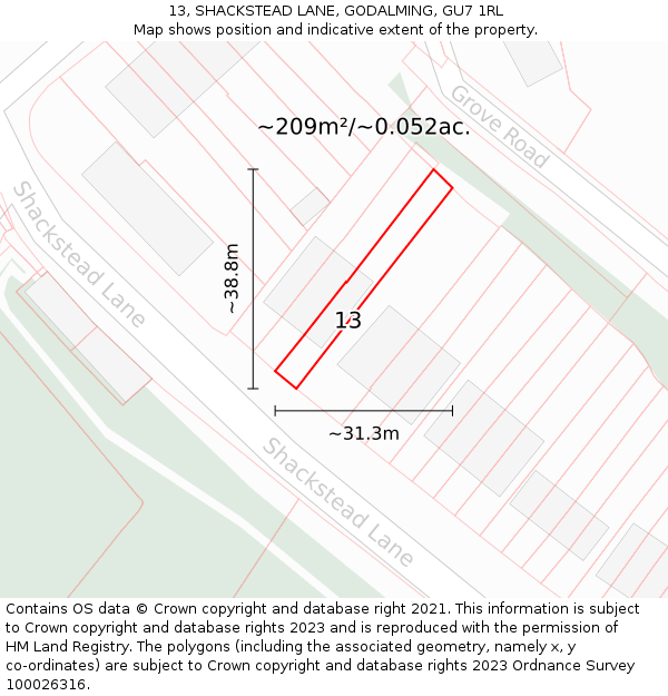 13, SHACKSTEAD LANE, GODALMING, GU7 1RL: Plot and title map