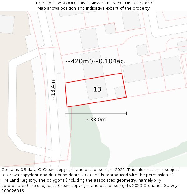 13, SHADOW WOOD DRIVE, MISKIN, PONTYCLUN, CF72 8SX: Plot and title map