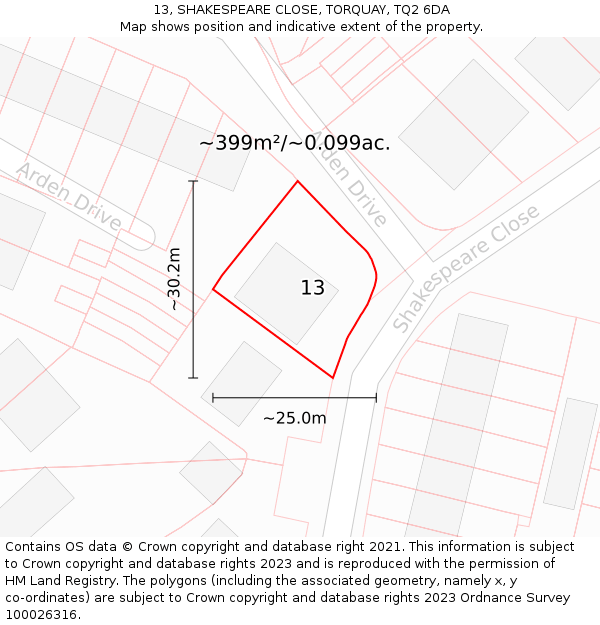 13, SHAKESPEARE CLOSE, TORQUAY, TQ2 6DA: Plot and title map