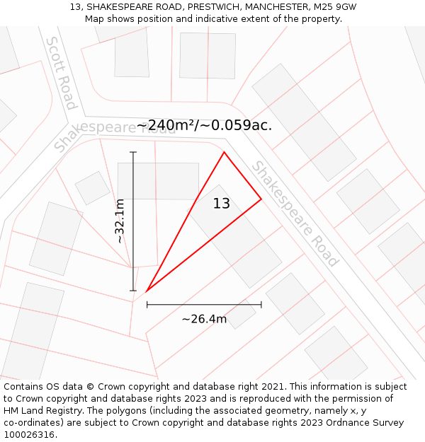 13, SHAKESPEARE ROAD, PRESTWICH, MANCHESTER, M25 9GW: Plot and title map
