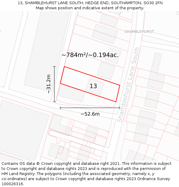 13, SHAMBLEHURST LANE SOUTH, HEDGE END, SOUTHAMPTON, SO30 2FN: Plot and title map