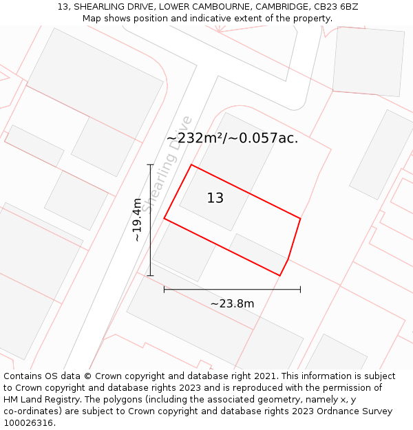 13, SHEARLING DRIVE, LOWER CAMBOURNE, CAMBRIDGE, CB23 6BZ: Plot and title map