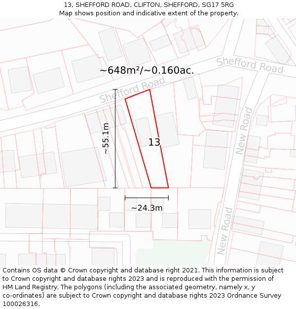 13, SHEFFORD ROAD, CLIFTON, SHEFFORD, SG17 5RG: Plot and title map