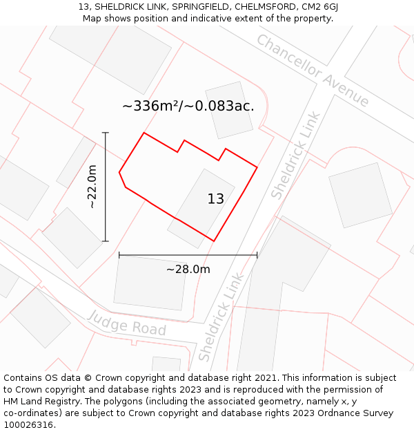 13, SHELDRICK LINK, SPRINGFIELD, CHELMSFORD, CM2 6GJ: Plot and title map