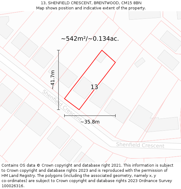 13, SHENFIELD CRESCENT, BRENTWOOD, CM15 8BN: Plot and title map
