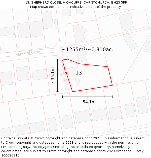 13, SHEPHERD CLOSE, HIGHCLIFFE, CHRISTCHURCH, BH23 5PF: Plot and title map