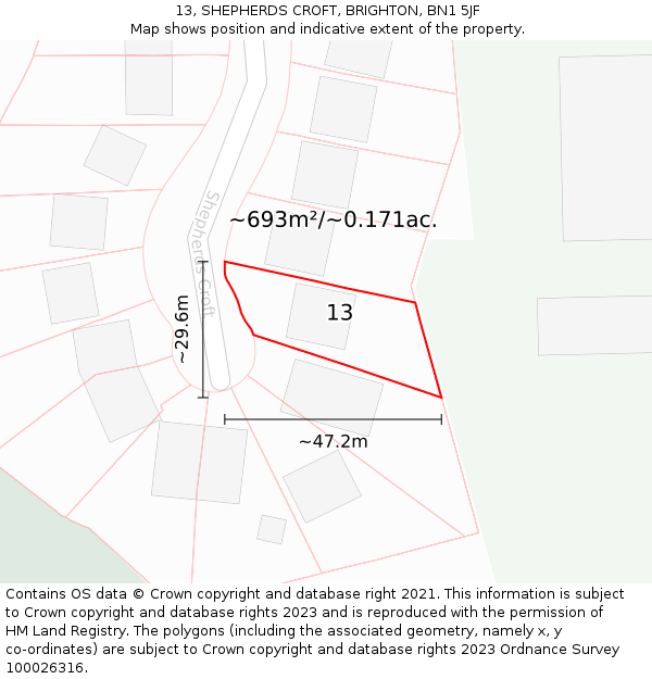 13, SHEPHERDS CROFT, BRIGHTON, BN1 5JF: Plot and title map