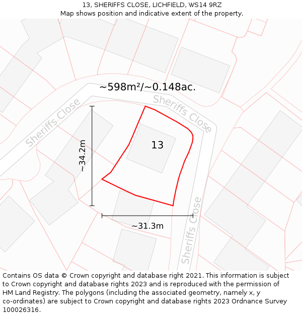 13, SHERIFFS CLOSE, LICHFIELD, WS14 9RZ: Plot and title map