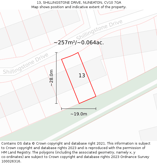 13, SHILLINGSTONE DRIVE, NUNEATON, CV10 7GA: Plot and title map
