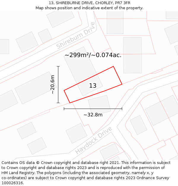 13, SHIREBURNE DRIVE, CHORLEY, PR7 3FR: Plot and title map