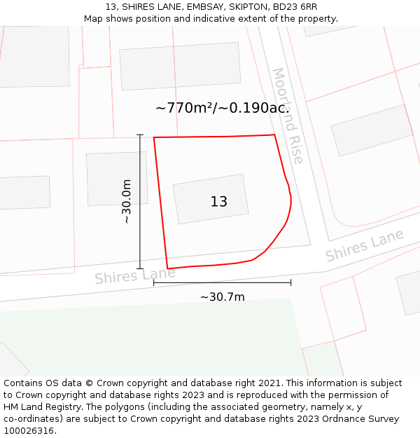 13, SHIRES LANE, EMBSAY, SKIPTON, BD23 6RR: Plot and title map