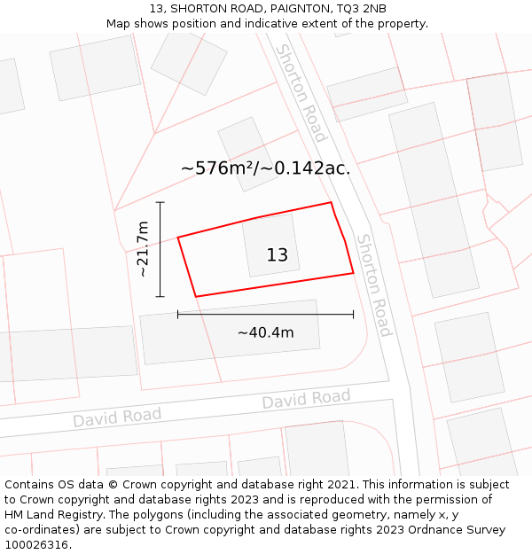 13, SHORTON ROAD, PAIGNTON, TQ3 2NB: Plot and title map
