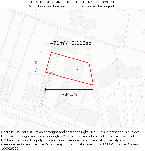 13, SHYSHACK LANE, BAUGHURST, TADLEY, RG26 5NH: Plot and title map