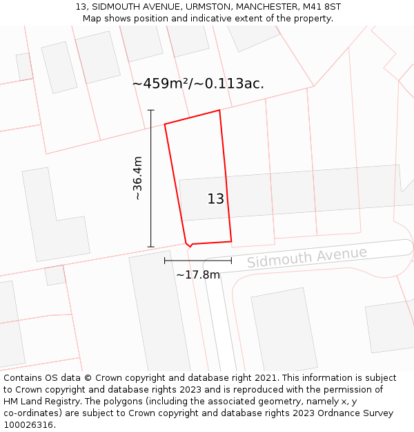 13, SIDMOUTH AVENUE, URMSTON, MANCHESTER, M41 8ST: Plot and title map