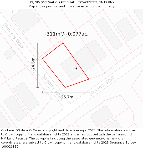 13, SIMONS WALK, PATTISHALL, TOWCESTER, NN12 8NX: Plot and title map