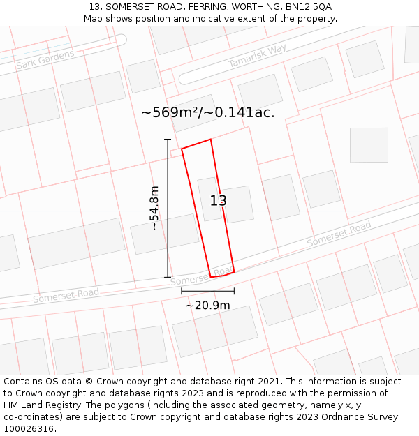 13, SOMERSET ROAD, FERRING, WORTHING, BN12 5QA: Plot and title map