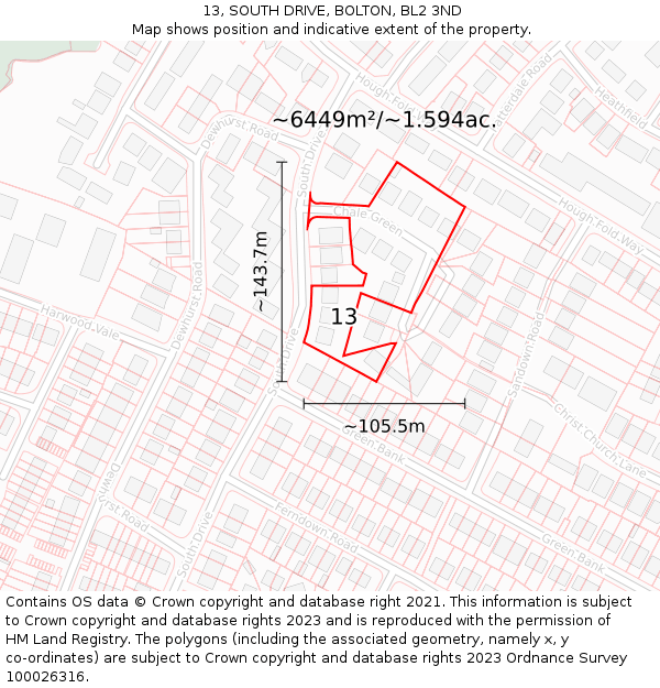 13, SOUTH DRIVE, BOLTON, BL2 3ND: Plot and title map