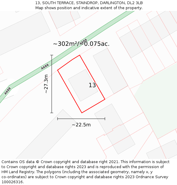 13, SOUTH TERRACE, STAINDROP, DARLINGTON, DL2 3LB: Plot and title map