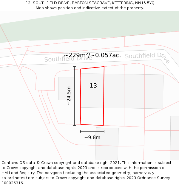 13, SOUTHFIELD DRIVE, BARTON SEAGRAVE, KETTERING, NN15 5YQ: Plot and title map