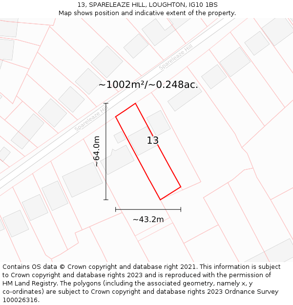 13, SPARELEAZE HILL, LOUGHTON, IG10 1BS: Plot and title map